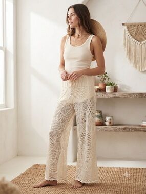 Cream Cotton Blend Crochet Wide-Leg Lightweight Beach Cover-Up Summer Resort